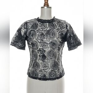 PEACH Elegant Sheer Black Rose Blossoms Lace Women's Top
